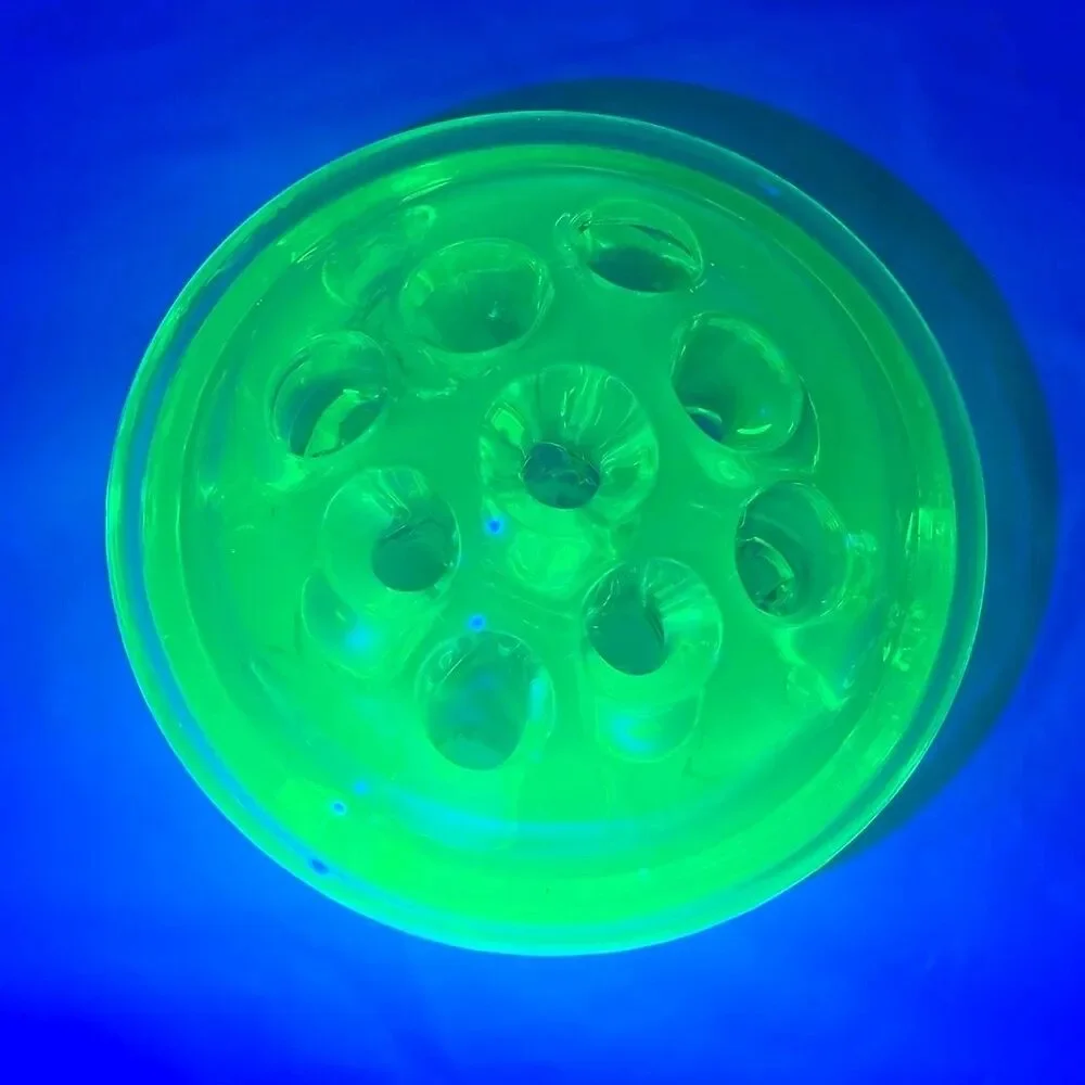 Vaseline Uranium Glass Flower Frog 9 Holes Glows UV Green Vintage 3" Diameter - Picture 10 of 10